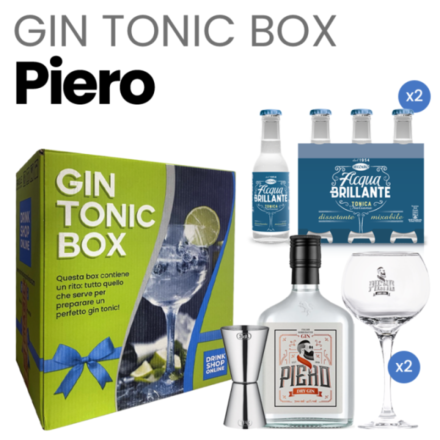 Box regalo Gin Piero (Piero Dry Gin 0,70 l + Acqua tonica Recoaro +  accessori) - Gin Tonic Box - Liquori Gin Tonic Box online