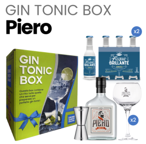 Box regalo Gin Piero (Piero Dry Gin 0,70 l + Acqua tonica Recoaro + accessori) Gin Tonic Box