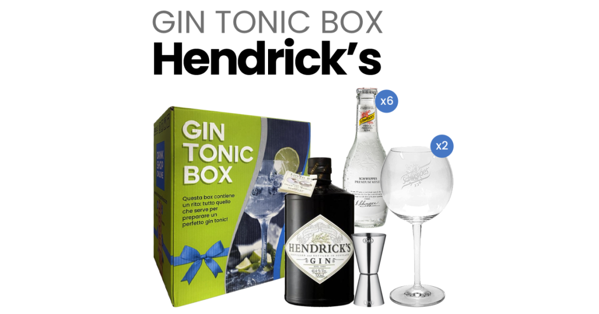 Box regalo Gin Hendrick's (Gin Hendrick's + Acqua tonica Schwppes +  accessori) - Gin Tonic Box - Liquori Gin Tonic Box online