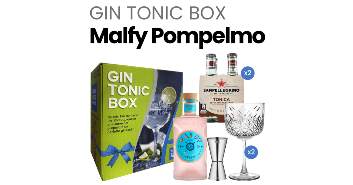 Box regalo Gin Malfy Pompelmo (Gin Malfy Rosa + Acqua tonica San Pellegrino  + accessori) - Gin Tonic Box - Liquori Gin Tonic Box online