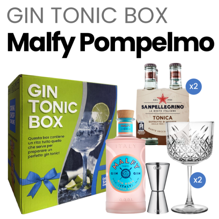 Box regalo Gin Malfy Pompelmo (Gin Malfy Rosa + Acqua tonica San Pellegrino  + accessori)